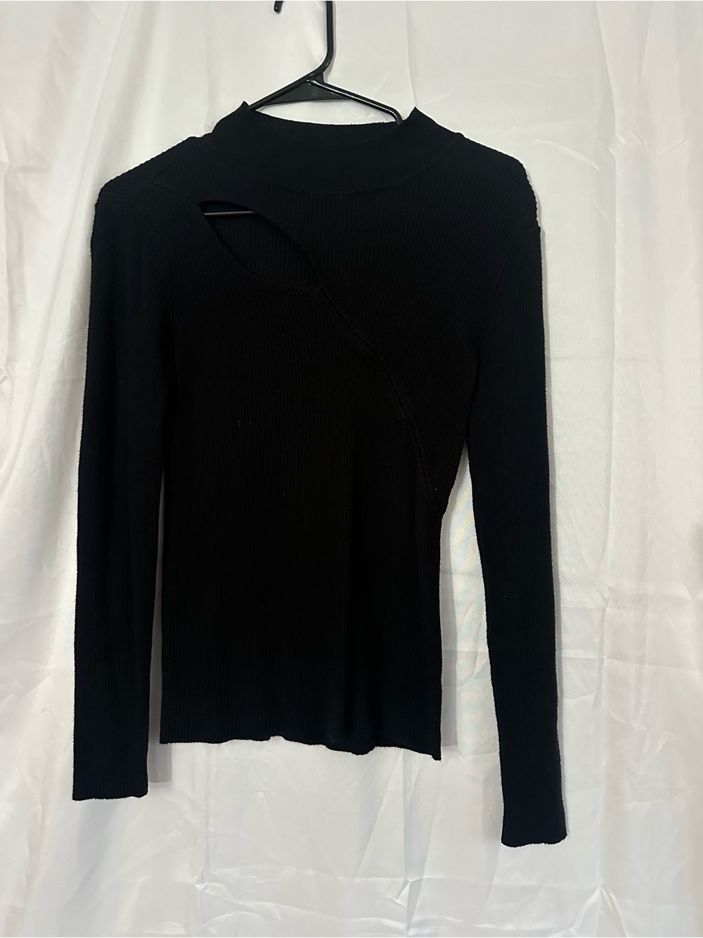 Tahari Black Ribbed Long-Sleeve Top with Diagonal Cutout